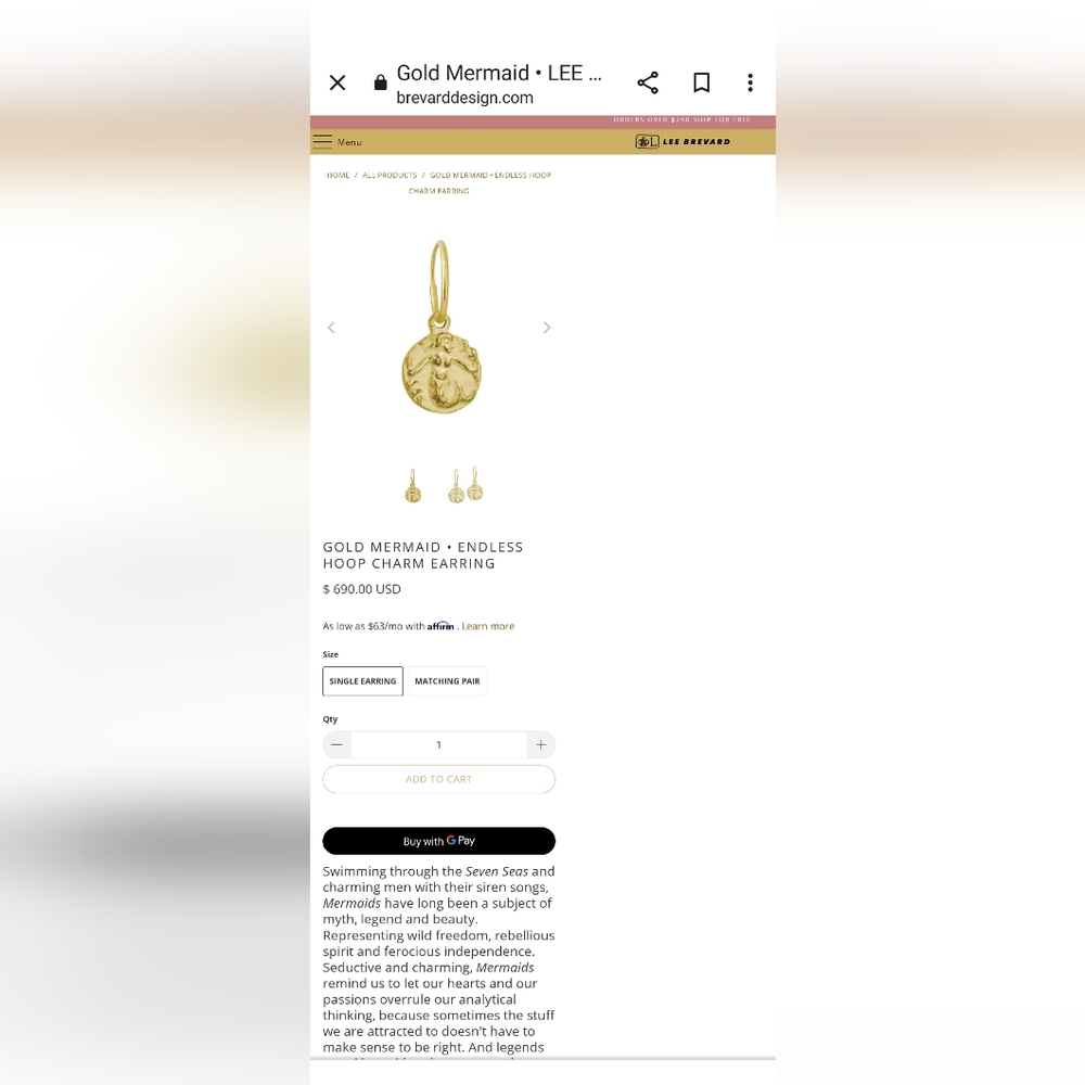Lee Brevard 18k Gold Mermaid charm earring